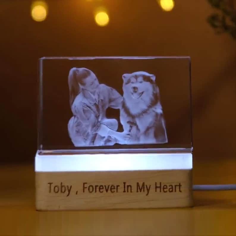 Custom 3d pet photo crystal tower,3d crystal photo,laser engraved glass keepsake with led light,led photo lamp,couple gift,anniversary gift image 5