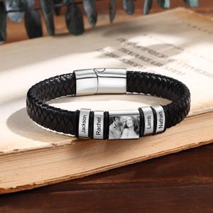 Personalized vintage men&#39;s photo bracelet ,engraved name beads leather bracelet,charm bracelets for men, gifts for him, confirmation gifts