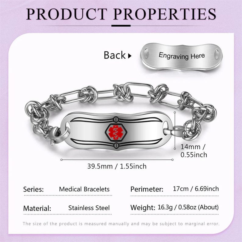 Personalized medical alert bracelet for women, autism, dementia, diabetic, medical id bracelet,custom medical jewelry, Style 5