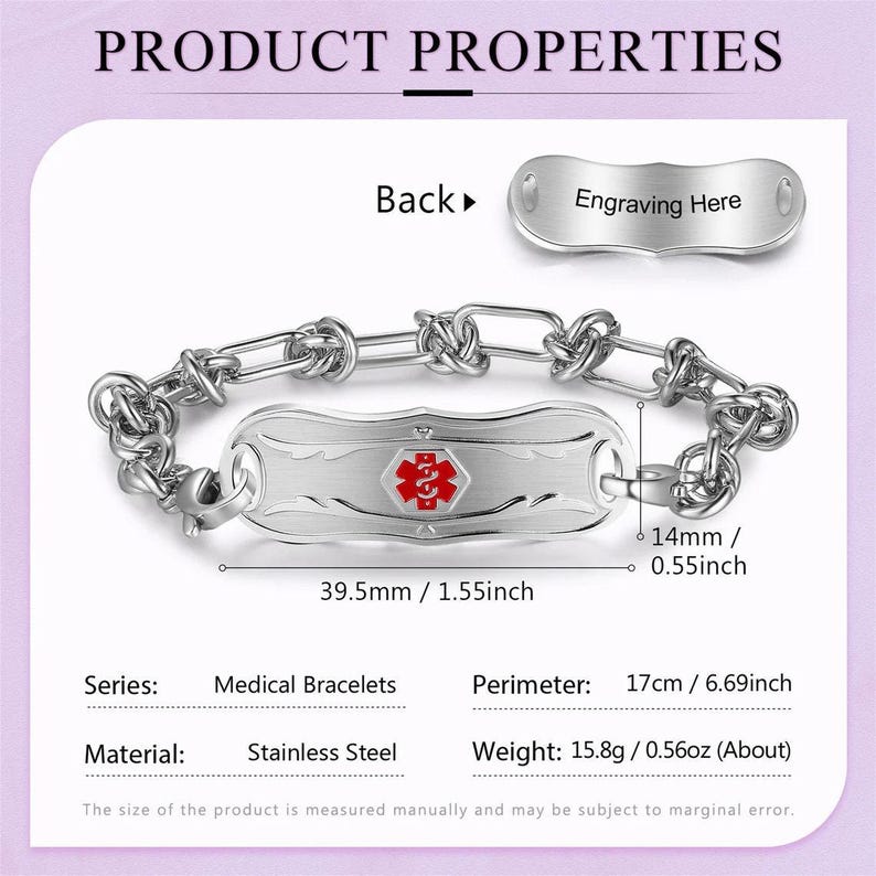 Personalized medical alert bracelet for women, autism, dementia, diabetic, medical id bracelet,custom medical jewelry, Style 6