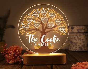 Luz de noche con nombre del árbol de la vida, regalo para el día de la madre, luz de noche con árbol genealógico, luz de noche personalizada con nombres de niños, regalos de cumpleaños, regalos para mamá
