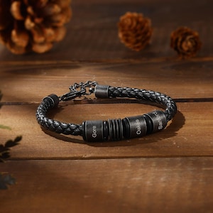 Personalized mens name leather bracelet - custom engraved bead family name bracelet for dad- mens jewelry- christmas anniversary gifts