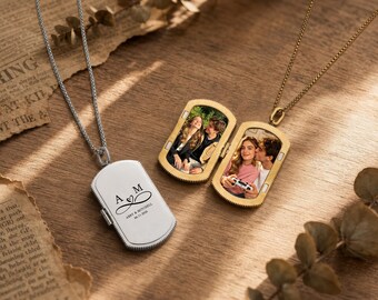 Personalized Photo Locket Necklace, Custom Engraved Dog Tag Pendant, 2 Photo Memorial Necklace, Gift for Dad, Husband or Boyfriend