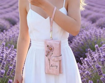 Personalisierte Geburtsblumen-Mappe, benutzerdefinierter Name Floral-Mappe, PU-Leder-Mappen-Geldbörse, Geschenke für Mamma, Geschenke für sie, Muttertagsgeschenk