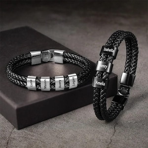 Pulsera de cuero para hombre con cuentas grabadas con nombres de niños, pulsera de dos capas, regalos para papá, padre, regalos para el día del padre