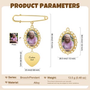 May include: Gold-colored brooch/pendant with a photo in an oval frame, a heart-shaped charm, and a safety pin closure. The pendant is 3.15 inches long and weighs 0.48 oz. The heart charm is 0.98 inches.