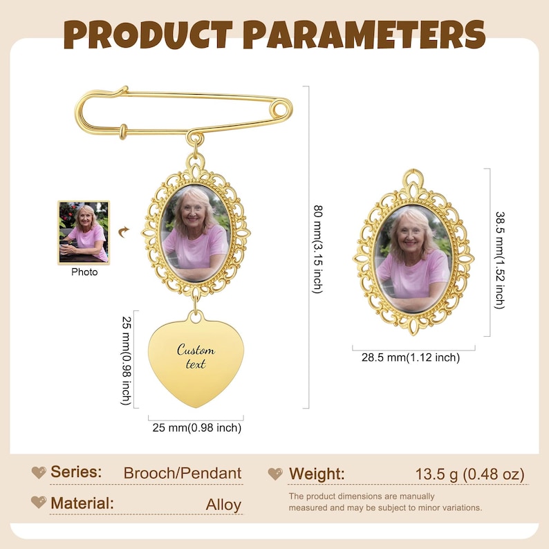 May include: Gold-colored brooch/pendant with a photo in an oval frame, a heart-shaped charm, and a safety pin closure. The pendant is 3.15 inches long and weighs 0.48 oz. The heart charm is 0.98 inches.