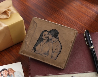Personalized engraved photo wallet for him,custom name leather men&#39;s wallet -  gift for dad, husband,boy friend,father&#39;s day gift