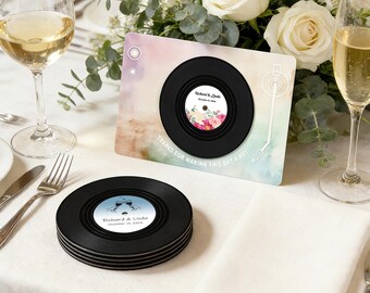 Personalisierte Schallplatte Untersetzer, Benutzerdefinierte Hochzeitsbevorzugung, gedruckte Texte Untersetzer, Hochzeit Dankeschön Geschenk für Gäste, Empfangsdekor