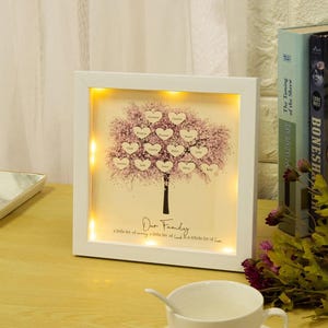 Könnte beinhalten: Ein weiß gerahmtes Bild mit einem beleuchteten Familienbaum-Design. Der Baum hat rosa Blüten und Herzen mit darauf geschriebenen Namen. Der Text unten lautet "Unsere Familie ein bisschen verrückt ein bisschen laut und ganz viel Liebe."