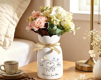 Personalisierte Keramikblumenvase mit Hand-in-Hand-Familienmotiv, besonders angefertigt mit 3 bis 8 Namen, Muttertagsgeschenk