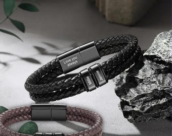 Custom Men&#39;s Braid Leather Bracelet,Mens Family Bracelet,Dad Bracelet,Kids Name Bracelet,Fathers Bracelet,Husband Gift,Father Day Gift