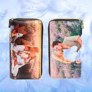 Personalized 2 colorful photo wallet,custom pu leather long zipper wallet for women,color print wallet,gifts for women mothers day gift