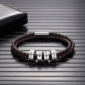 Pulsera de cuero marrón personalizada, con cuentas de acero inoxidable/plata 925, joyas con nombres de familia personalizados, regalo para él, papá, esposo, novio