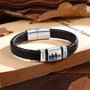 Pulsera personalizada con nombre para hombre, pulsera con foto familiar personalizada, pulsera de cuero sintético para hombre, pulsera con nombre familiar, regalo para esposo, regalo para papá.