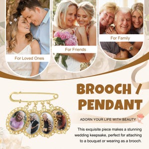 May include: Gold-colored brooch/pendant with four oval photo frames. The frames are connected by a pin. The image includes the text "BROOCH / PENDANT" and "ADORN YOUR LIFE WITH BEAUTY".