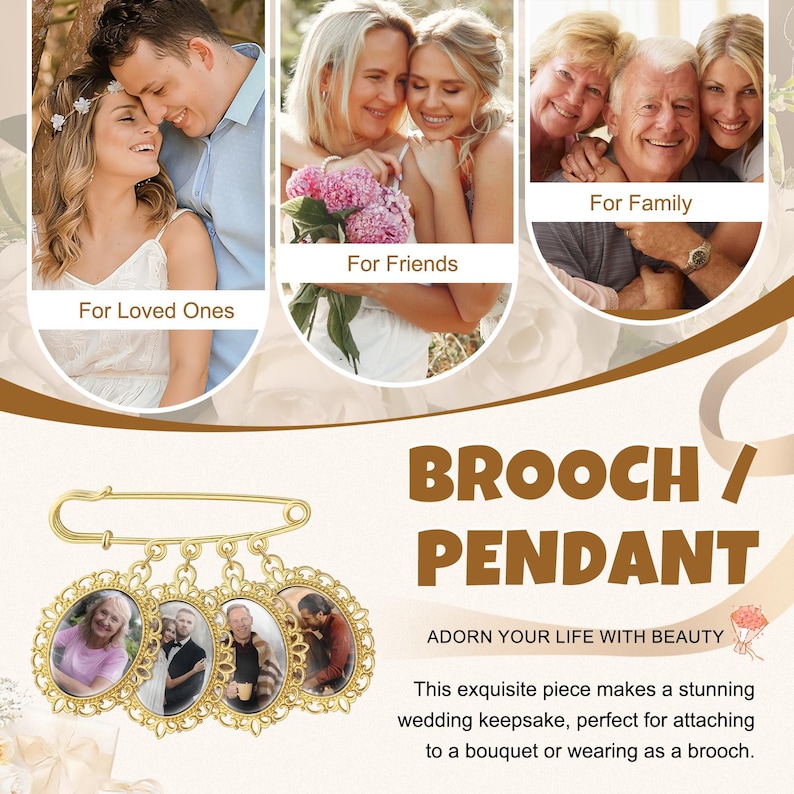 May include: Gold-colored brooch/pendant with four oval photo frames. The frames are connected by a pin. The image includes the text "BROOCH / PENDANT" and "ADORN YOUR LIFE WITH BEAUTY".