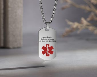 Medische waarschuwingsketting voor mannen ID-ketting voor noodgevallen gegraveerde dogtag-hanger, roestvrijstalen medische sieraden, cadeau voor patiënten