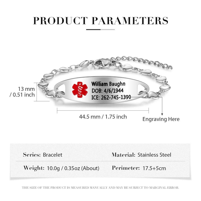 Personalized medical alert bracelet for women, autism, dementia, diabetic, medical id bracelet,custom medical jewelry, Style 2