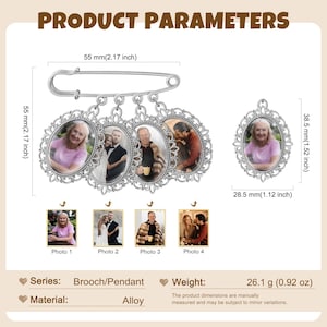 May include: Silver alloy brooch/pendant with four oval photo frames and a single oval frame. The brooch pin is 55 mm (2.17 inches) long. The weight is 26.1 g (0.92 oz). The frames contain photos of people.