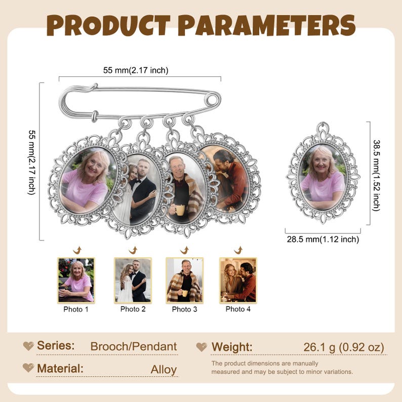 May include: Silver alloy brooch/pendant with four oval photo frames and a single oval frame. The brooch pin is 55 mm (2.17 inches) long. The weight is 26.1 g (0.92 oz). The frames contain photos of people.