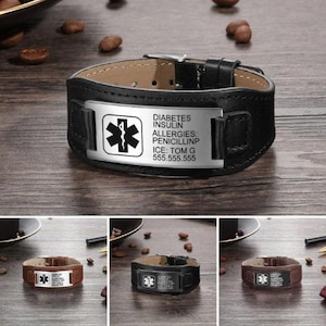 Custom medical alert bracelet for men 4 colors -  engraved leather & steel bracelet - emergency contact sos medic id