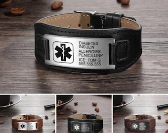 Aangepaste medische waarschuwingsarmband voor heren 4 kleuren - gegraveerde leren en stalen armband - contact voor noodgevallen sos medic id