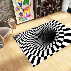 3D Vortex Illusion Rug: Black and White Optical Rug