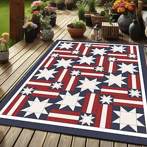 Red White and Blue Star Outdoor Rug: Non-Slip Patio Decor
