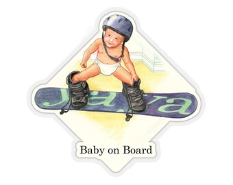 Funny Baby on Board Sticker: Snowboarding Dick and Jane Style