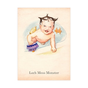 Loch Mess Monster - bath time, funny Dick and Jane style vintage children&#39;s book spot illustration Dick & Jane Postcards (with envelopes)