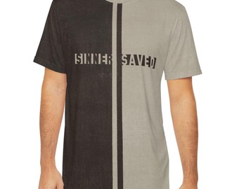 SINNER SAVED Christian T-Shirt: Burlap Cross Design, dark brown and tan, no AI, human-made