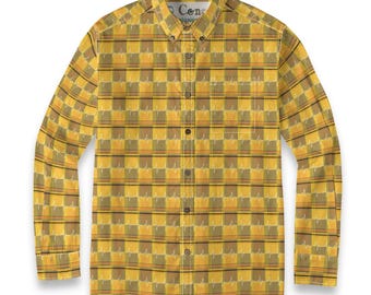 Men's Yellow Plaid Long Sleeve Cotton Shirt – EKG Line Detail Button Down Work Top