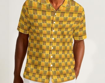 Mens Yellow Plaid Shirt, Short Sleeve Cotton Hawaiian Style, EKG Detail