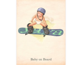 Baby Snowboarding Postcard: Funny Dick and Jane Style Illustration