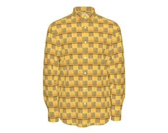Mustard Yellow Plaid Shirt with EKG Line Detail Cotton Slim Fit Work Top