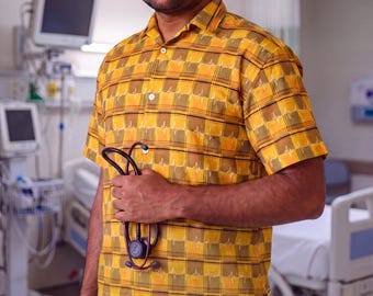 Mens Yellow Plaid Shirt, Short Sleeve Cotton Hawaiian Style, EKG Detail