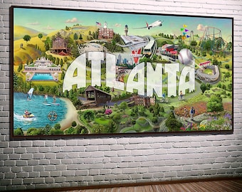Atlanta Landmarks Panorama – Large Framed Canvas Wall Art | Atlanta Mural | Georgia Skyline