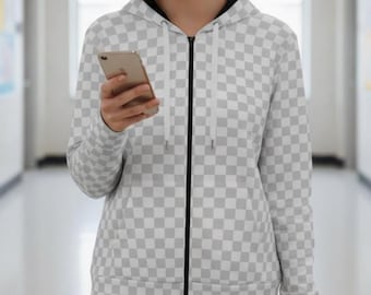 Transparent Checkerboard Hoodie, Photoshop Designer Gift, All-Over Print Zip-Up
