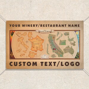 Bannière vinyle World of Wine Map pour amateurs de vin, restaurants, magasins de conditionnement, dégustation de vin, vignobles, homme des cavernes, carte du monde, bannière mate