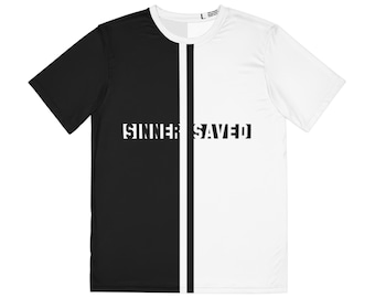 SINNER SAVED cross tee, Christian shirt, split black white, Jesus Saves, t-shirt, Saved by grace, Christian gift, Unisex Polyester Tee (AOP)