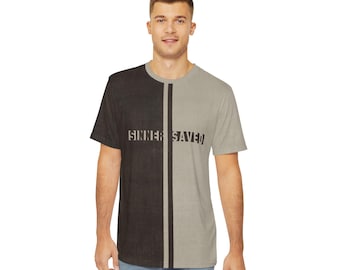 SINNER SAVED Christian T-Shirt: Burlap Cross Design
