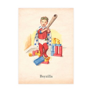 Boyzilla - playtime, Godzilla, funny Dick and Jane style vintage children&#39;s book spot illustration Dick & Jane Postcards (with envelopes)