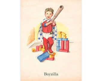 Boyzilla Postcard: Funny Godzilla-Style Children's Illustration (with Envelopes)