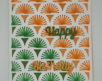 Handmade Happy Birthday Card with Stitched Fans and Die Cut Sentiment (Orange and Green)