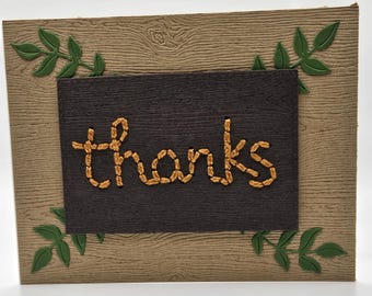 Handmade Stitched “Thanks” Card in Light Brown on Woodgrain Layers