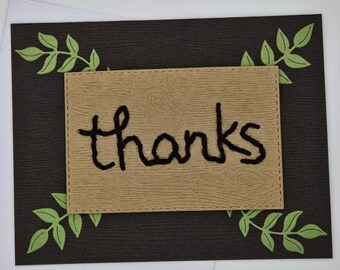 Handmade Stitched “Thanks” Card in Dark Brown on Woodgrain Layers