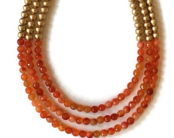 Gold Beaded Necklace, Orange Necklace, Chunky Necklace Statement, Bib Necklaces for Women, Statement Necklace Gifts for Sister