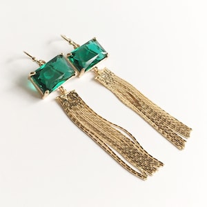 Gold Plated Dangle Earrings, Emerald Green Earrings for Women, Gold Tassel Earrings, Jewelry Gift for Her, Statement Earrings