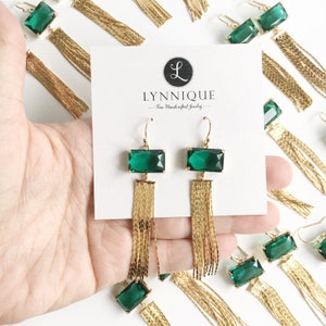 Gold Plated Dangle Earrings, Emerald Green Earrings for Women, Gold Tassel Earrings, Jewelry Gift for Her, Statement Earrings